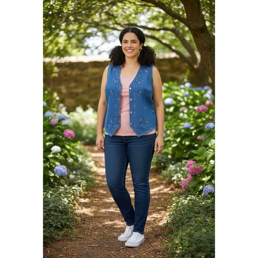 Bobbie Brooks Women's Blue Denim Jean Floral Vest